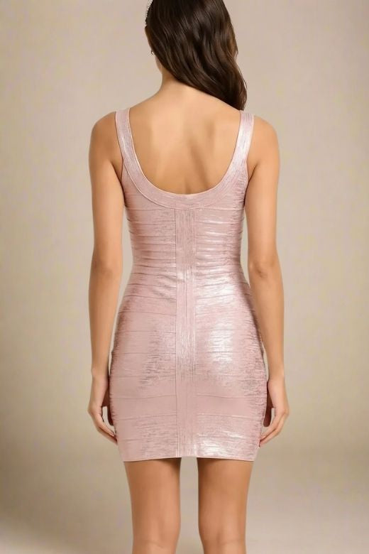 Rose Gold Metallic Scoop Neck Sleeveless Bandage Bodycon Mini Party Dress