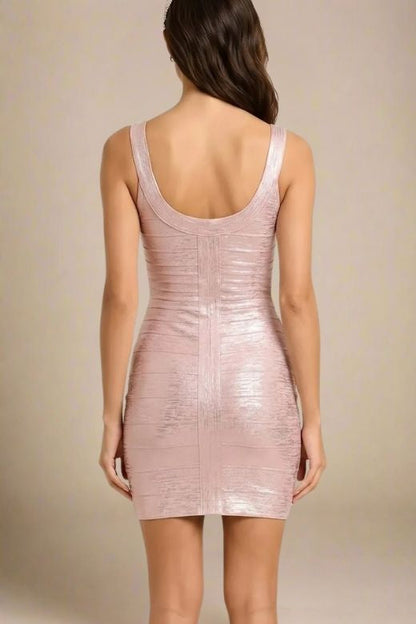 Rose Gold Metallic Scoop Neck Sleeveless Bandage Bodycon Mini Party Dress