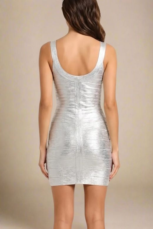 Silver Metallic Scoop Neck Sleeveless Bandage Bodycon Mini Party Dress