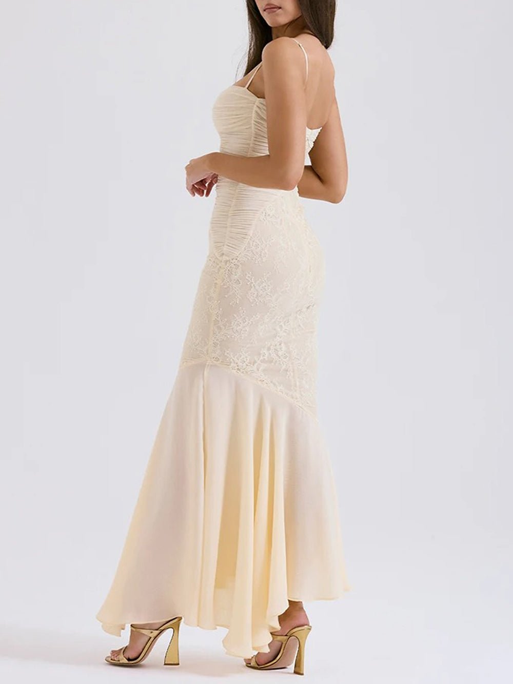 Apricot Lace Panel Ruched Mesh Spaghetti Strap Sweetheart Mermaid Maxi Gown