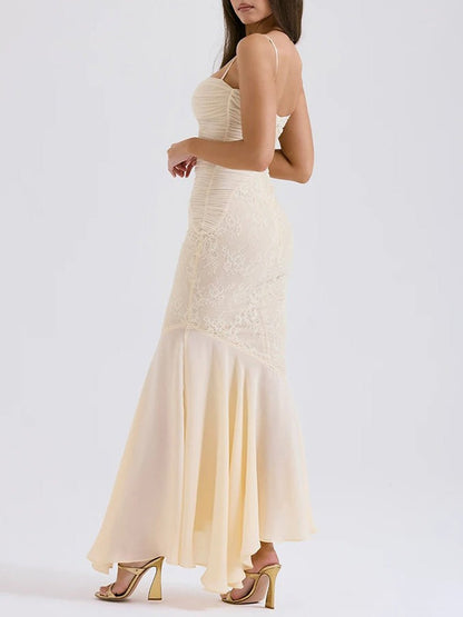 Apricot Lace Panel Ruched Mesh Spaghetti Strap Sweetheart Mermaid Maxi Gown