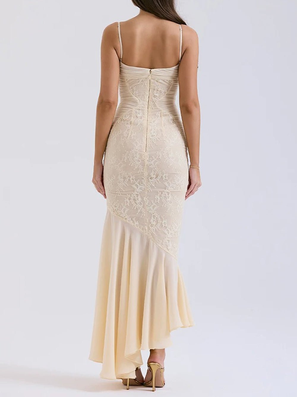 Apricot Lace Panel Ruched Mesh Spaghetti Strap Sweetheart Mermaid Maxi Gown
