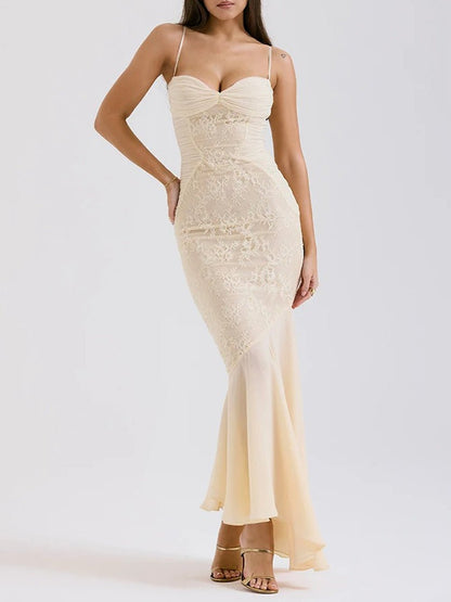 Apricot Lace Panel Ruched Mesh Spaghetti Strap Sweetheart Mermaid Maxi Gown