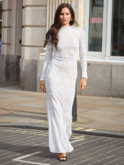 White Floral Burnout Rib Mock Neck Long Sleeve Bodycon Maxi Dress