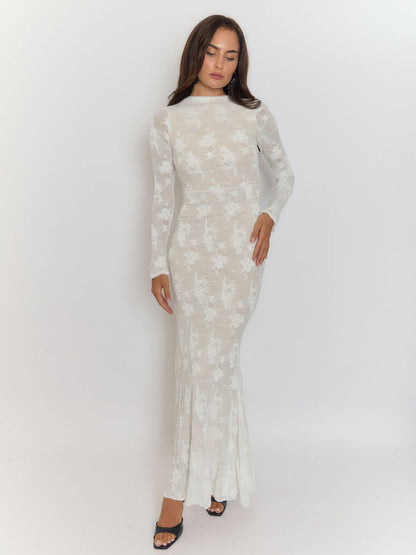 White Floral Burnout Rib Mock Neck Long Sleeve Bodycon Maxi Dress