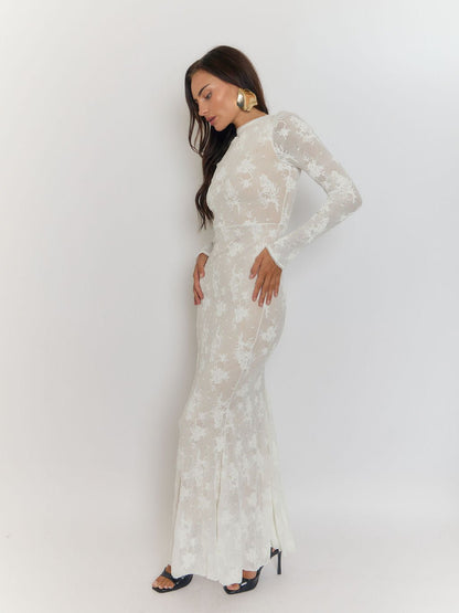 White Floral Burnout Rib Mock Neck Long Sleeve Bodycon Maxi Dress