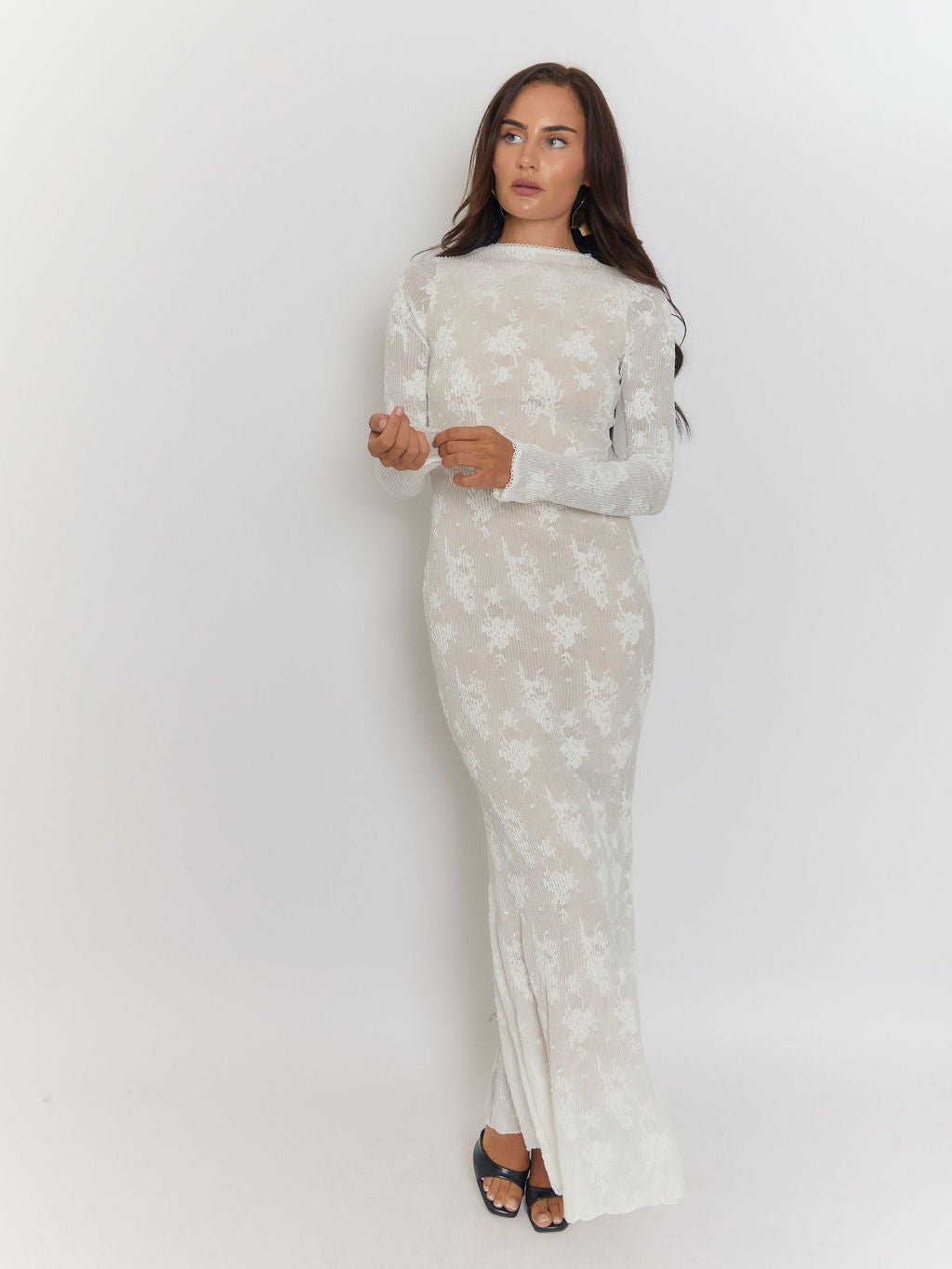 White Floral Burnout Rib Mock Neck Long Sleeve Bodycon Maxi Dress