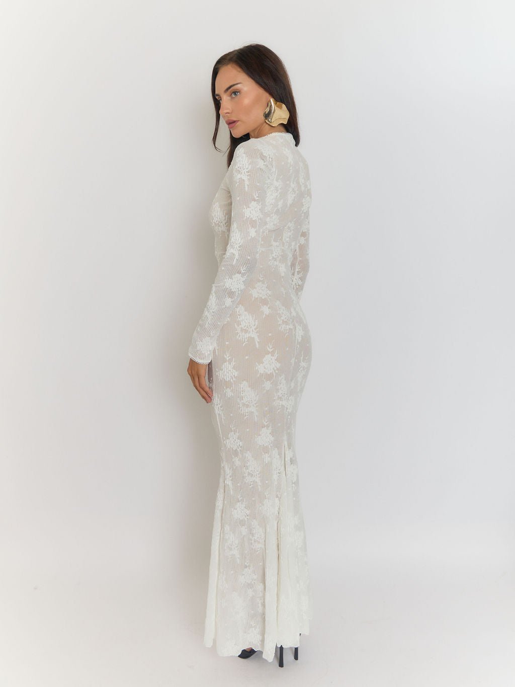 White Floral Burnout Rib Mock Neck Long Sleeve Bodycon Maxi Dress