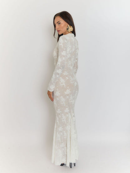 White Floral Burnout Rib Mock Neck Long Sleeve Bodycon Maxi Dress