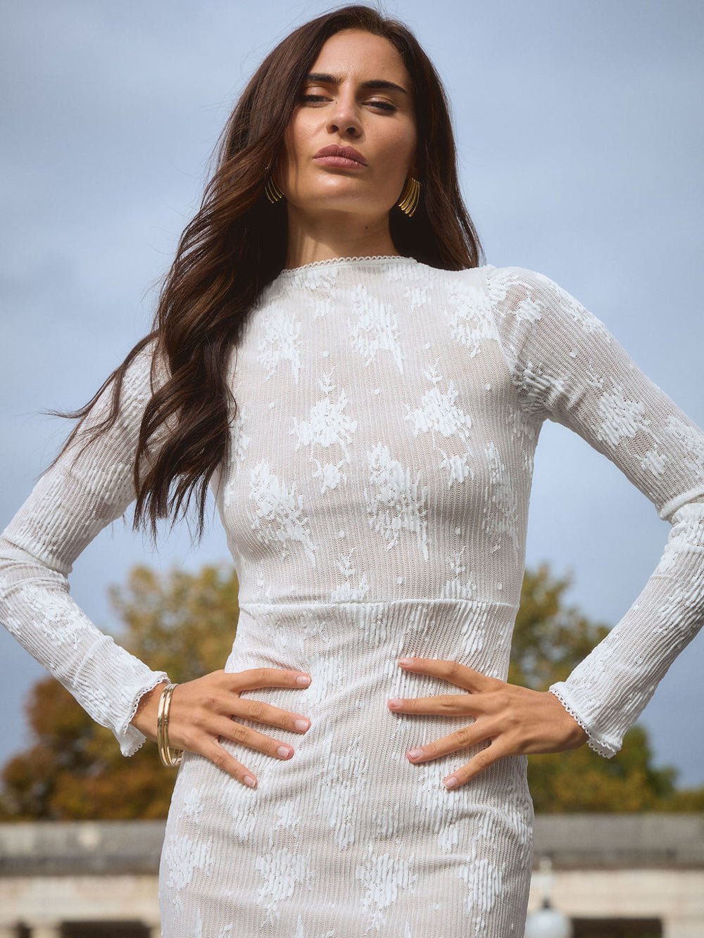 White Floral Burnout Rib Mock Neck Long Sleeve Bodycon Maxi Dress