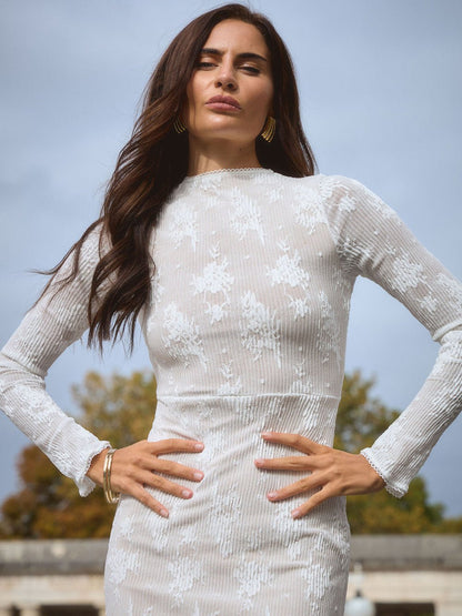 White Floral Burnout Rib Mock Neck Long Sleeve Bodycon Maxi Dress
