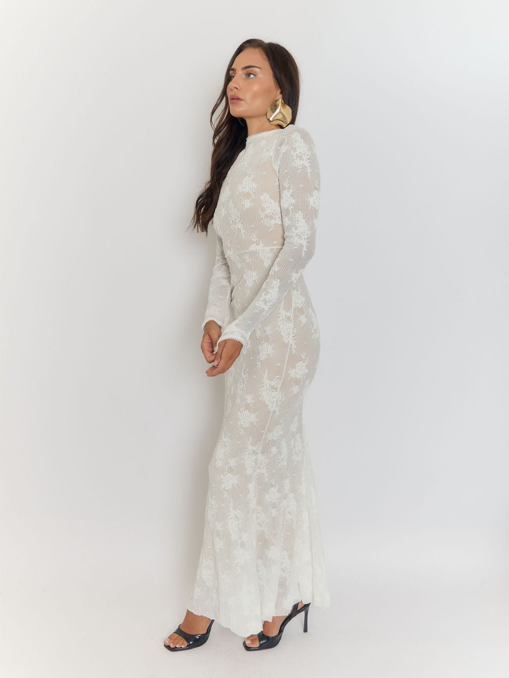 White Floral Burnout Rib Mock Neck Long Sleeve Bodycon Maxi Dress