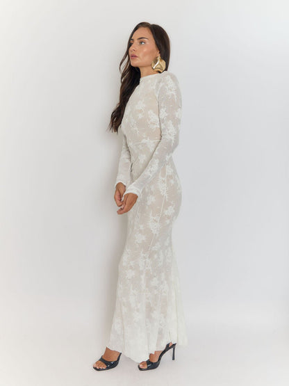White Floral Burnout Rib Mock Neck Long Sleeve Bodycon Maxi Dress