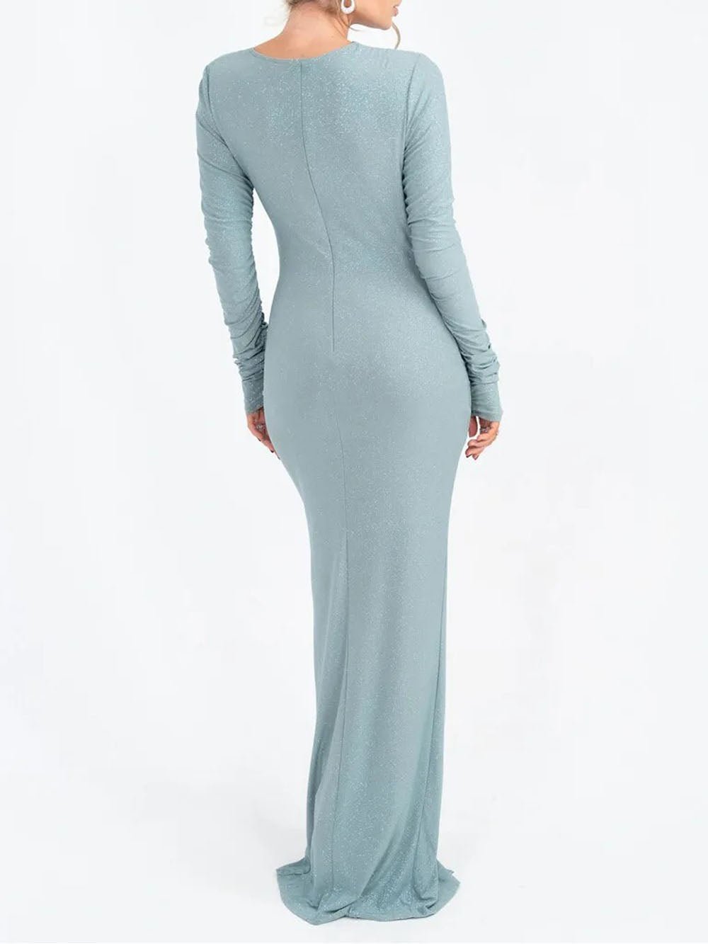 Sequin Long Sleeve Asymmetric Cut Out Neckline Ruched Drape High Split Maxi Dress
