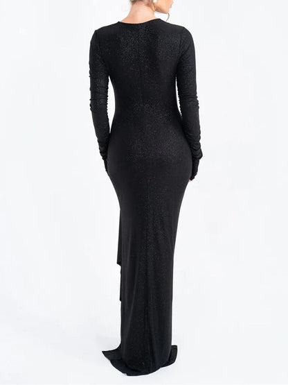 Sequin Long Sleeve Asymmetric Cut Out Neckline Ruched Drape High Split Maxi Dress