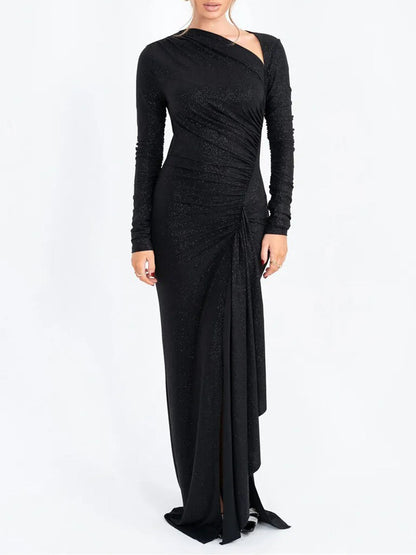 Sequin Long Sleeve Asymmetric Cut Out Neckline Ruched Drape High Split Maxi Dress