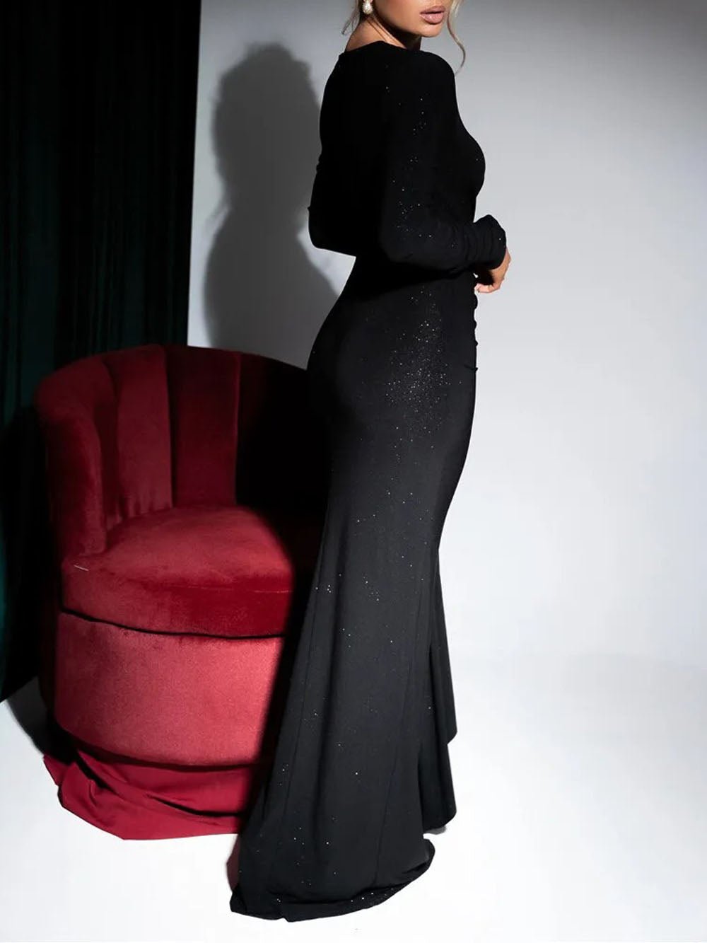 Sequin Long Sleeve Asymmetric Cut Out Neckline Ruched Drape High Split Maxi Dress