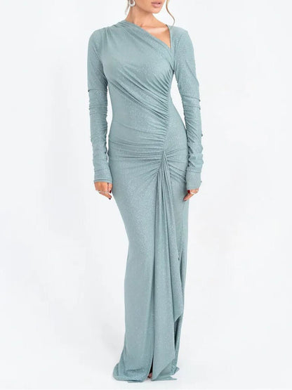 Sequin Long Sleeve Asymmetric Cut Out Neckline Ruched Drape High Split Maxi Dress