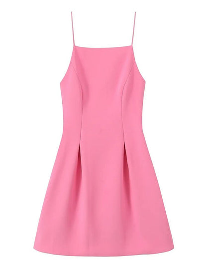 Lavender Spaghetti Strap Square Neck Princess Seam Pleated A-Line Mini Dress