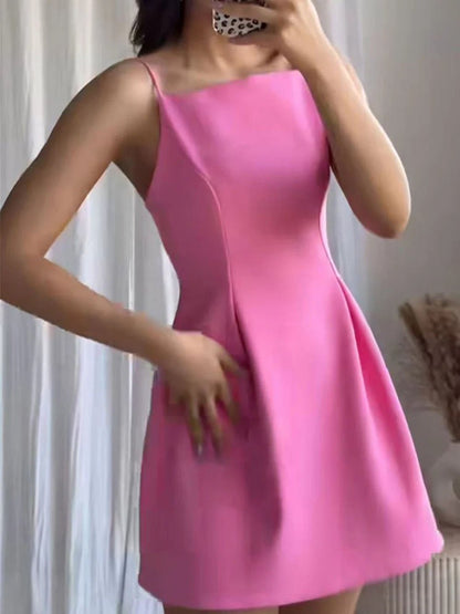 Lavender Spaghetti Strap Square Neck Princess Seam Pleated A-Line Mini Dress