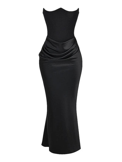 Black Strapless Corset Sculpted Neckline Draped Satin Hip Maxi Gown