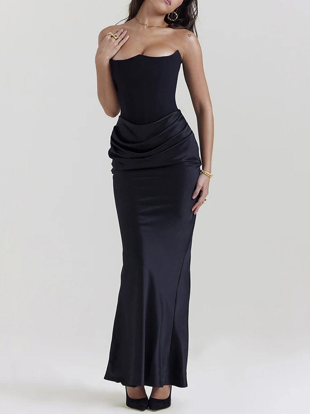 Black Strapless Corset Sculpted Neckline Draped Satin Hip Maxi Gown