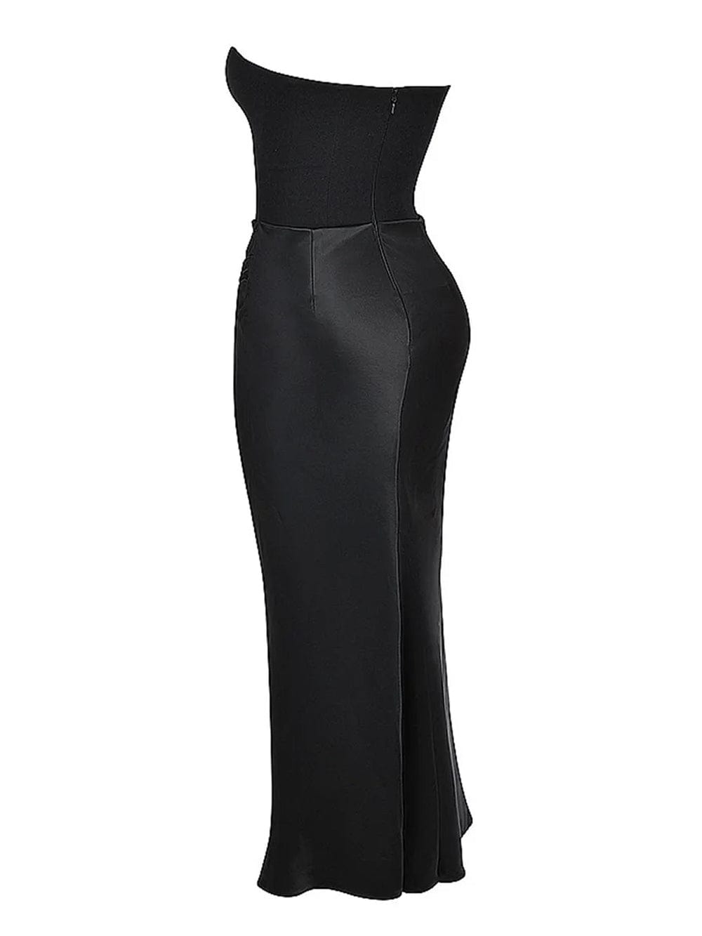 Black Strapless Corset Sculpted Neckline Draped Satin Hip Maxi Gown