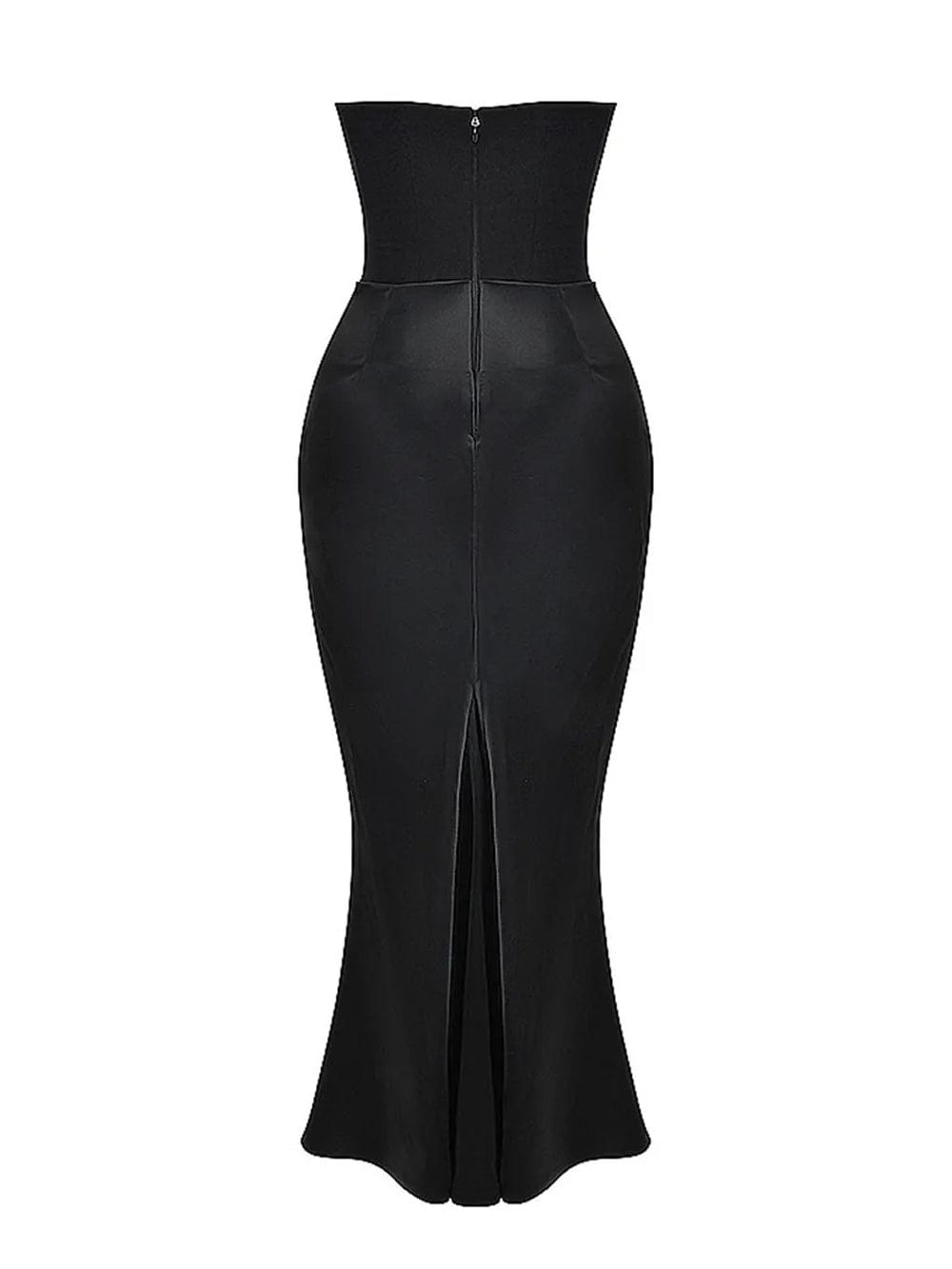 Black Strapless Corset Sculpted Neckline Draped Satin Hip Maxi Gown