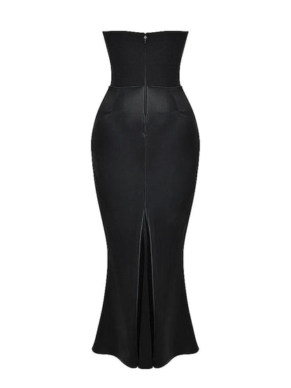 Black Strapless Corset Sculpted Neckline Draped Satin Hip Maxi Gown