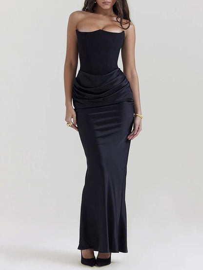 Black Strapless Corset Sculpted Neckline Draped Satin Hip Maxi Gown