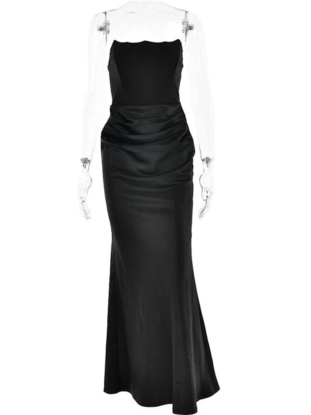 Black Strapless Corset Sculpted Neckline Draped Satin Hip Maxi Gown