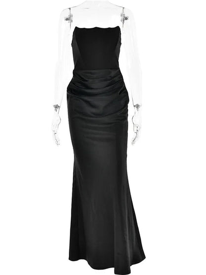 Black Strapless Corset Sculpted Neckline Draped Satin Hip Maxi Gown