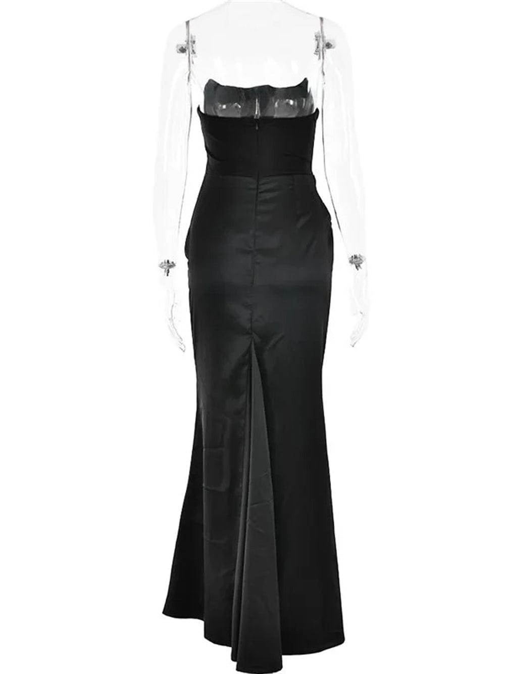 Black Strapless Corset Sculpted Neckline Draped Satin Hip Maxi Gown