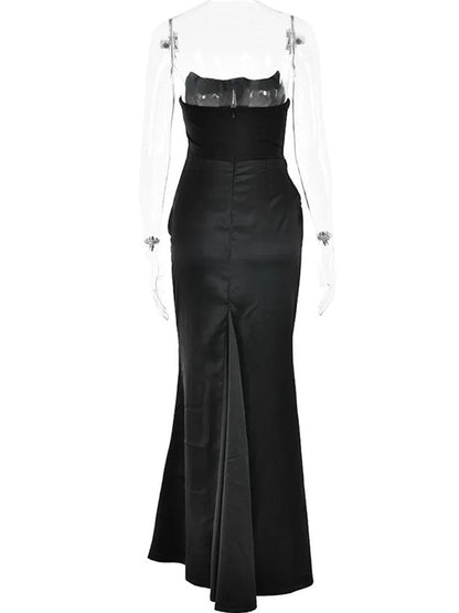 Black Strapless Corset Sculpted Neckline Draped Satin Hip Maxi Gown