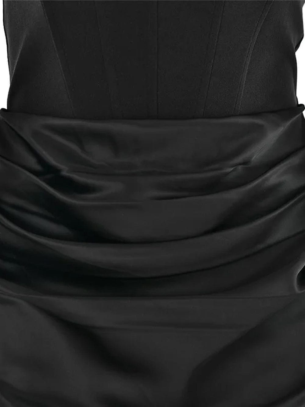 Black Strapless Corset Sculpted Neckline Draped Satin Hip Maxi Gown