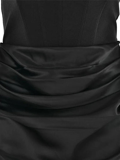 Black Strapless Corset Sculpted Neckline Draped Satin Hip Maxi Gown