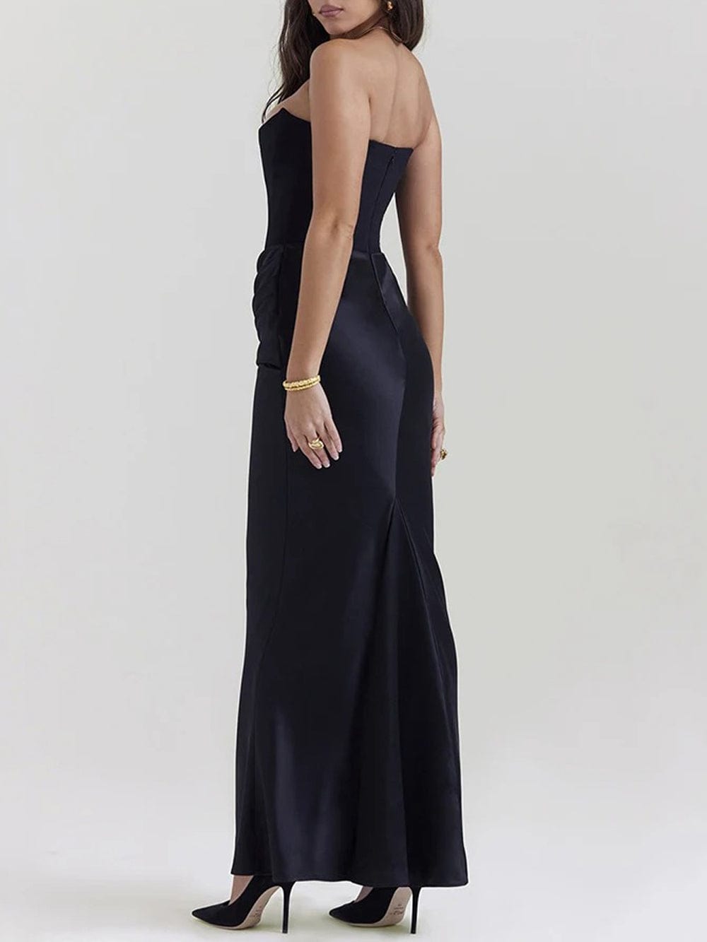 Black Strapless Corset Sculpted Neckline Draped Satin Hip Maxi Gown