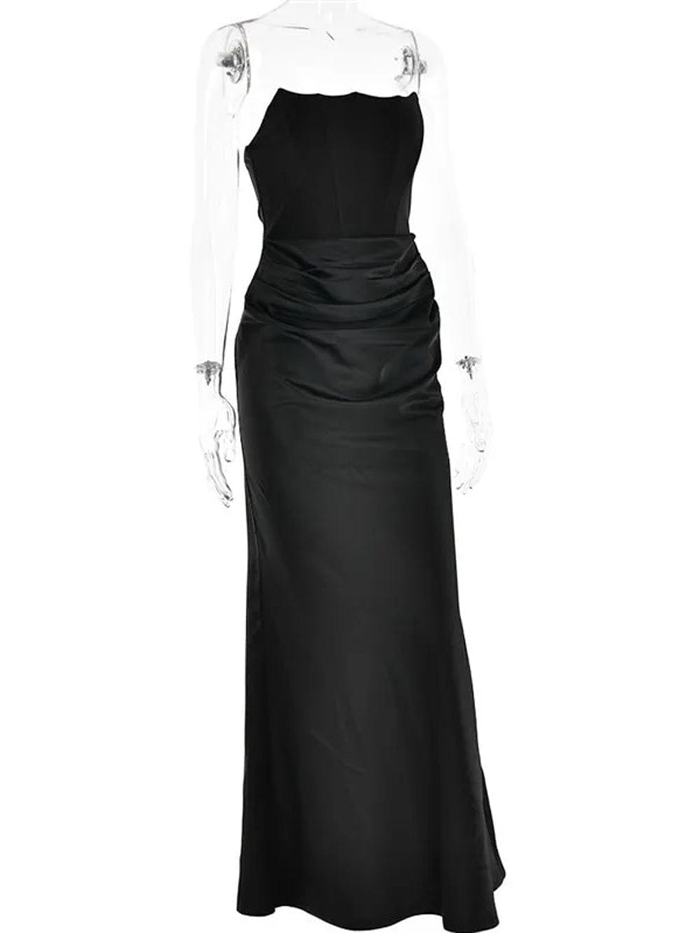Black Strapless Corset Sculpted Neckline Draped Satin Hip Maxi Gown