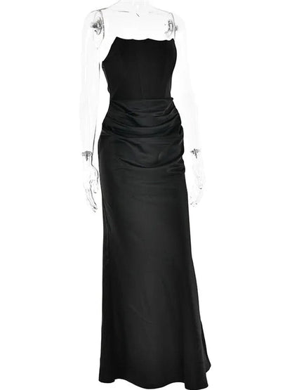 Black Strapless Corset Sculpted Neckline Draped Satin Hip Maxi Gown