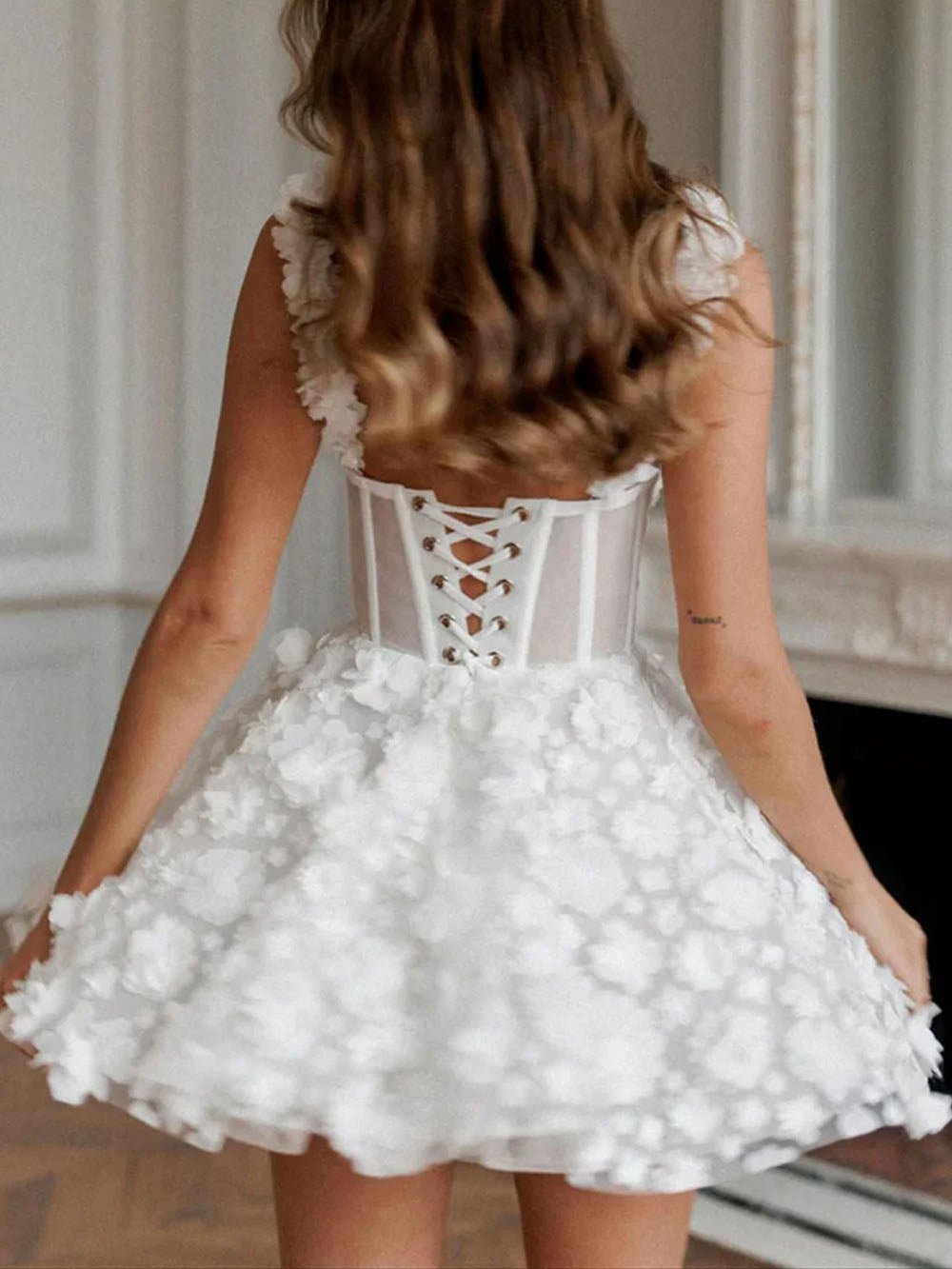 White 3D Floral Applique Corset Sweetheart Fit and Flare Mini Dress