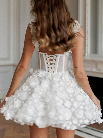 White 3D Floral Applique Corset Sweetheart Fit and Flare Mini Dress