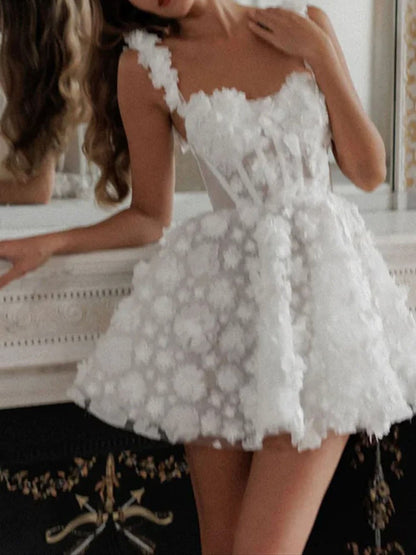 White 3D Floral Applique Corset Sweetheart Fit and Flare Mini Dress