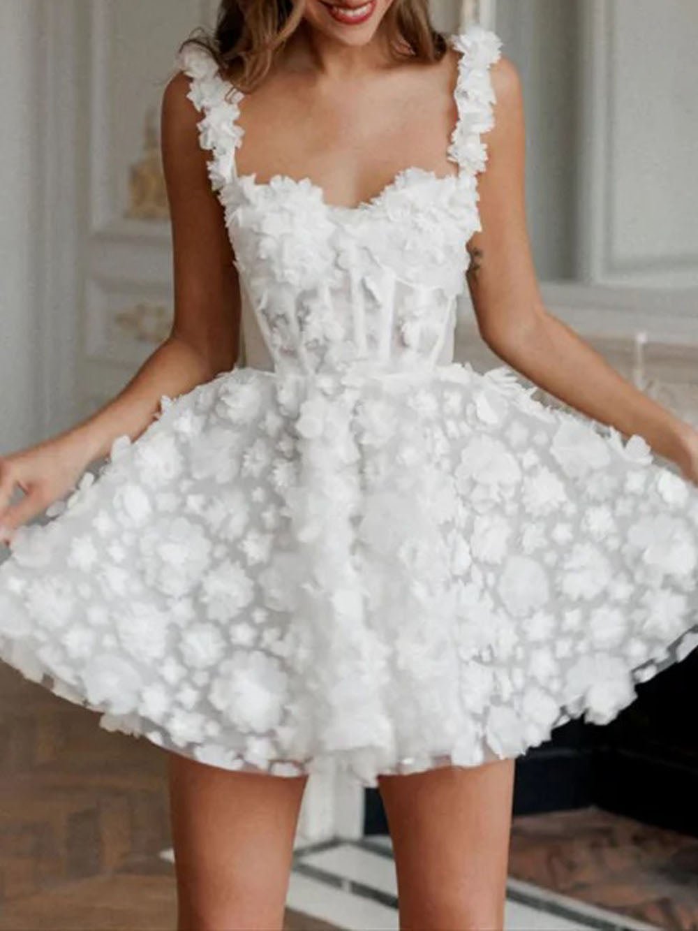 White 3D Floral Applique Corset Sweetheart Fit and Flare Mini Dress