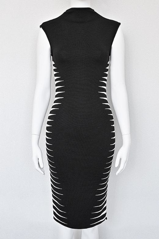 Classic Black Mock Neck Sleeveless Zigzag Side Panel Bandage Bodycon Midi Dress