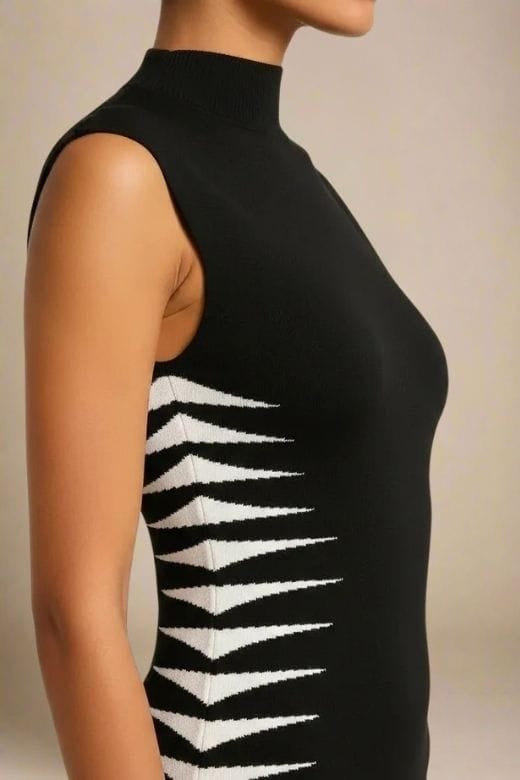 Classic Black Mock Neck Sleeveless Zigzag Side Panel Bandage Bodycon Midi Dress