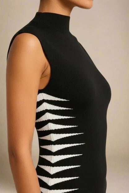 Classic Black Mock Neck Sleeveless Zigzag Side Panel Bandage Bodycon Midi Dress