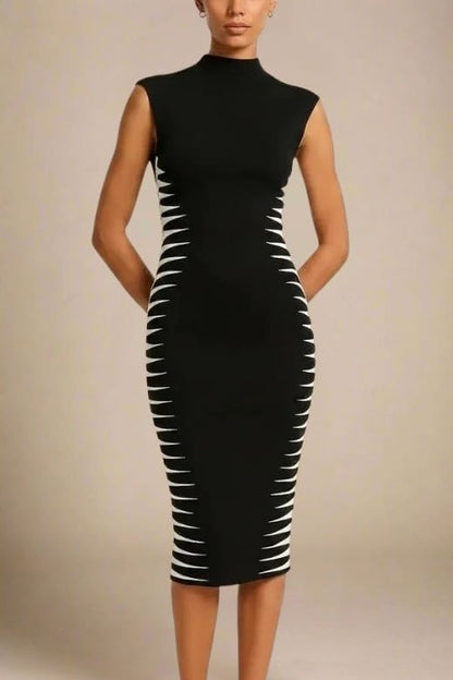 Classic Black Mock Neck Sleeveless Zigzag Side Panel Bandage Bodycon Midi Dress