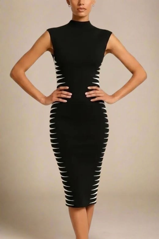 Classic Black Mock Neck Sleeveless Zigzag Side Panel Bandage Bodycon Midi Dress
