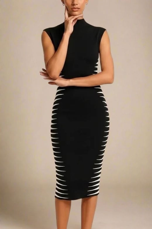 Classic Black Mock Neck Sleeveless Zigzag Side Panel Bandage Bodycon Midi Dress