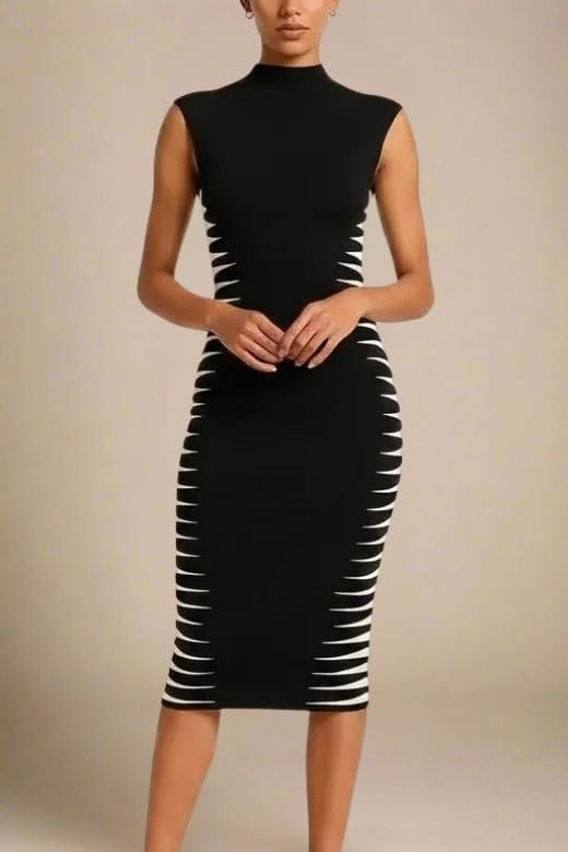 Classic Black Mock Neck Sleeveless Zigzag Side Panel Bandage Bodycon Midi Dress